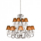 Chandelier oksana, nickel poli, pampilles cristal, 12 abat-jours chocolat