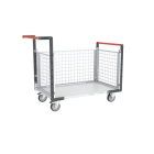 Chariot modulaire grillagé 2 dossiers + 1 ridelle, plateau bois 1000 x 600 mm, 250 kg