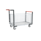 Chariot modulaire grillagé 2 dossiers + 2 ridelles, plateau bois 1000 x 600 mm, 250 kg