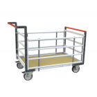 Chariot modulaire tube 2 dossiers + 2 ridelles, plateau bois 1000 x 600 mm, roues rectangle 500 kg