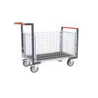 Chariot modulaire grillagé 2 dossiers + 2 ridelles, plateau bois avec tapis caoutchouc 1000 x 600 mm 500 kg
