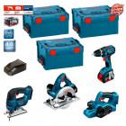 Kit 4 outils PSL4WM2A perceuse, scie sauteuse, scie circulaire et rabot sans fils Bosch (2 x 4,0 Ah + chargeur + 3 coffrets)