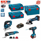 Kit scie sauteuse, découpeur ponceur, meuleuse angulaire et perceuse visseuse Bosch (2 x 4,0 Ah + chargeur + 3 coffrets)