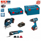 Kit scie sauteuse, découpeur ponceur et perceuse visseuse Bosch (2 batteries 4,0Ah + chargeur + 2 coffrets)