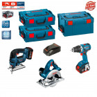 Kit scie sauteuse, scie circulaire et perceuse visseuse Bosch (2 batteries 4,0Ah + chargeur + 3 coffrets)