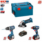 Kit perceuse visseuse à percussion, visseuse à chocs et meuleuse angulaire Bosch (2 x 5,0 Ah + chargeur + coffret)