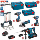 Kit meuleuse angulaire, perforateur, perceuse visseuse, visseuse à choc Bosch (4 batteries + chargeur + 3 coffres + caddy)