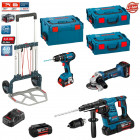 Kit meuleuse angulaire, perforateur, perceuse visseuse à percussion Bosch (4 batteries + chargeur + 3 coffres + caddy)