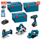 Kit perceuse visseuse, scie sauteuse, scie circulaire et rabot sans fil PSL4WM2B Bosch (2 x 4,0Ah + chargeur + 3 coffrets)