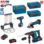 Kit perforateur, meuleuse angulaire, perceuse visseuse à percussion Bosch (4 batteries + chargeur + 3 coffres + caddy)