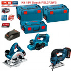 Kit scie sauteuse, scie circulaire et rabots sans fils 18 V-LI Bosch (2 batteries 5,0 Ah + chargeur + 3 boîtes à outils)