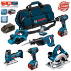 Kit 2 perceuses visseuses, scie sauteuse, scie circulaire, scie sabre, rabot Bosch (3x4,0Ah + chargeur + porte outils)