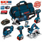 Kit meuleuse angulaire, 2 perceuses visseuses, scie sauteuse, scie circulaire Bosch (3x5,0Ah + chargeur + porte outils)