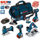 Kit meuleuse angulaire, 2 perceuses visseuses, scie sauteuse, scie circulaire Bosch (3x4,0Ah + chargeur + porte outils)