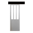 Porte coulissante atelier blanc h204 x l73 + rail alu bandeau noir et 2 coquilles noir gd menuiseries