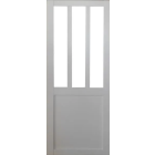 Porte coulissante atelier blanc h204 x l93 + rail alu bandeau noir et 2 coquilles gd menuiseries