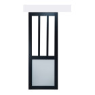 Porte coulissante atelier noir et panneaux blanc vitree h204 x l83 + rail alu et 2 coquilles gd menuiseries