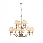 Suspension 12 ampoules stanford, laiton antique, abat-jour beiges