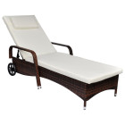 Transat chaise longue bain de soleil lit de jardin terrasse meuble d'extérieur avec coussin et roues résine tressée marron helloshop26 02_0012447