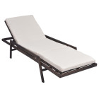 Transat chaise longue bain de soleil lit de jardin terrasse meuble d'extérieur avec coussin résine tressée marron helloshop26 02_0012517