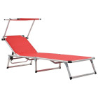 Transat chaise longue bain de soleil lit de jardin terrasse meuble d'extérieur pliable 186 cm avec auvent aluminium et textilène rouge helloshop26 02_0012820