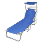 Transat chaise longue bain de soleil lit de jardin terrasse meuble d'extérieur pliable avec auvent acier et tissu bleu helloshop26 02_0012807