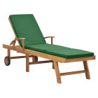 Transat chaise longue bain de soleil lit de jardin terrasse meuble d'extérieur avec coussin bois de teck solide vert helloshop26 02_0012432