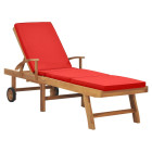 Transat chaise longue bain de soleil lit de jardin terrasse meuble d'extérieur avec coussin bois de teck solide rouge helloshop26 02_0012431