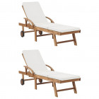 Chaises longues avec coussins 2 pcs bois de teck solide crème