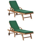 Lot de 2 transats chaise longue bain de soleil lit de jardin terrasse meuble d'extérieur avec coussins bois de teck solide vert helloshop26 02_0012156