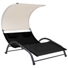 Transat chaise longue bain de soleil lit de jardin terrasse meuble d'extérieur double avec auvent textilène noir helloshop26 02_0012722