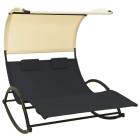 Transat chaise longue bain de soleil lit de jardin terrasse meuble d'extérieur double avec auvent textilène noir et crème helloshop26 02_0012723