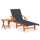 Transat chaise longue bain de soleil lit de jardin terrasse meuble d'extérieur avec table et coussin bois d'acacia helloshop26 02_0012619