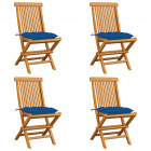 Chaises de jardin avec coussins bleu 4 pcs bois de teck massif