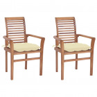 Chaises à dîner 2 pcs avec coussins blanc crème bois de teck