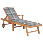 Transat chaise longue bain de soleil lit de jardin terrasse meuble d'extérieur avec coussin à carreaux gris bois de teck solide helloshop26 02_0012543