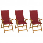 Chaises pliables de jardin 3 pcs avec coussins bois d'acacia rouge bordeaux