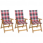 Chaises pliables de jardin 3 pcs avec coussins bois d'acacia à carreaux rouge