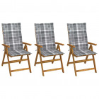 Chaises pliables de jardin 3 pcs avec coussins bois d'acacia carreaux gris