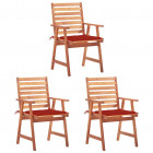 Chaises à dîner d'extérieur 3 pcs avec coussins acacia massif - Rouge