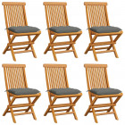 Chaises de jardin avec coussins gris 6 pcs bois de teck massif