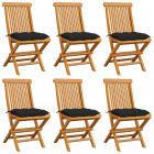 Chaises de jardin avec coussins noir 6 pcs bois de teck massif