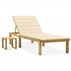 Chaise longue de jardin avec table et coussin pin imprégné