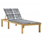 Chaise longue avec coussin carreaux gris bois de pin imprégné