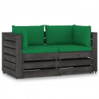 Canapé de jardin 2 places avec coussins bois imprégné de gris vert