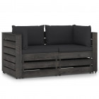 Canapé de jardin 2 places avec coussins bois imprégné de gris noir