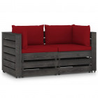 Canapé de jardin 2 places avec coussins bois imprégné de gris rouge bordeaux