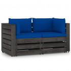 Canapé de jardin 2 places avec coussins bois imprégné de gris bleu
