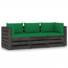 Canapé de jardin 3 places avec coussins bois imprégné de gris vert