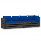 Canapé de jardin 4 places avec coussins bois imprégné de gris bleu